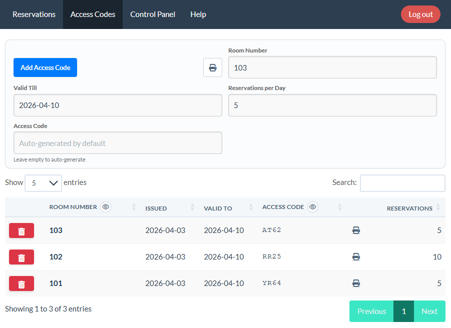 Vista dei codici di accesso