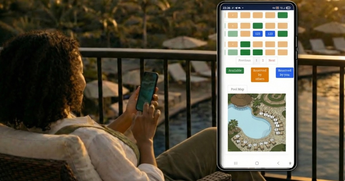 Hotel guest using TowelsOn on a phone beside a pool